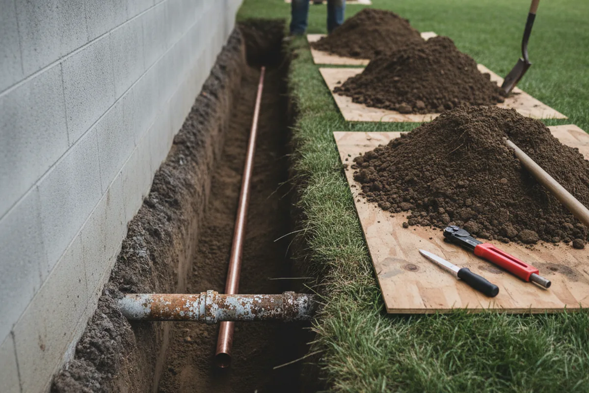 Excavated water line trench during Sewer Line Repair in Rome
